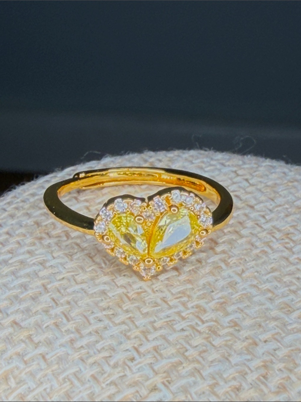 Gold Tone Heart Ring with Yellow Crystal Accent Sz 6